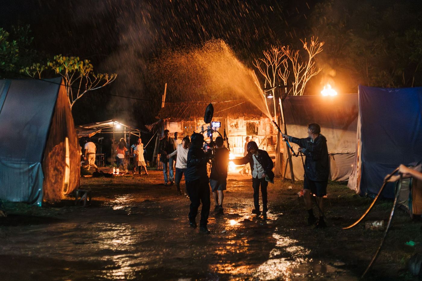 Lit night exterior during the shoot